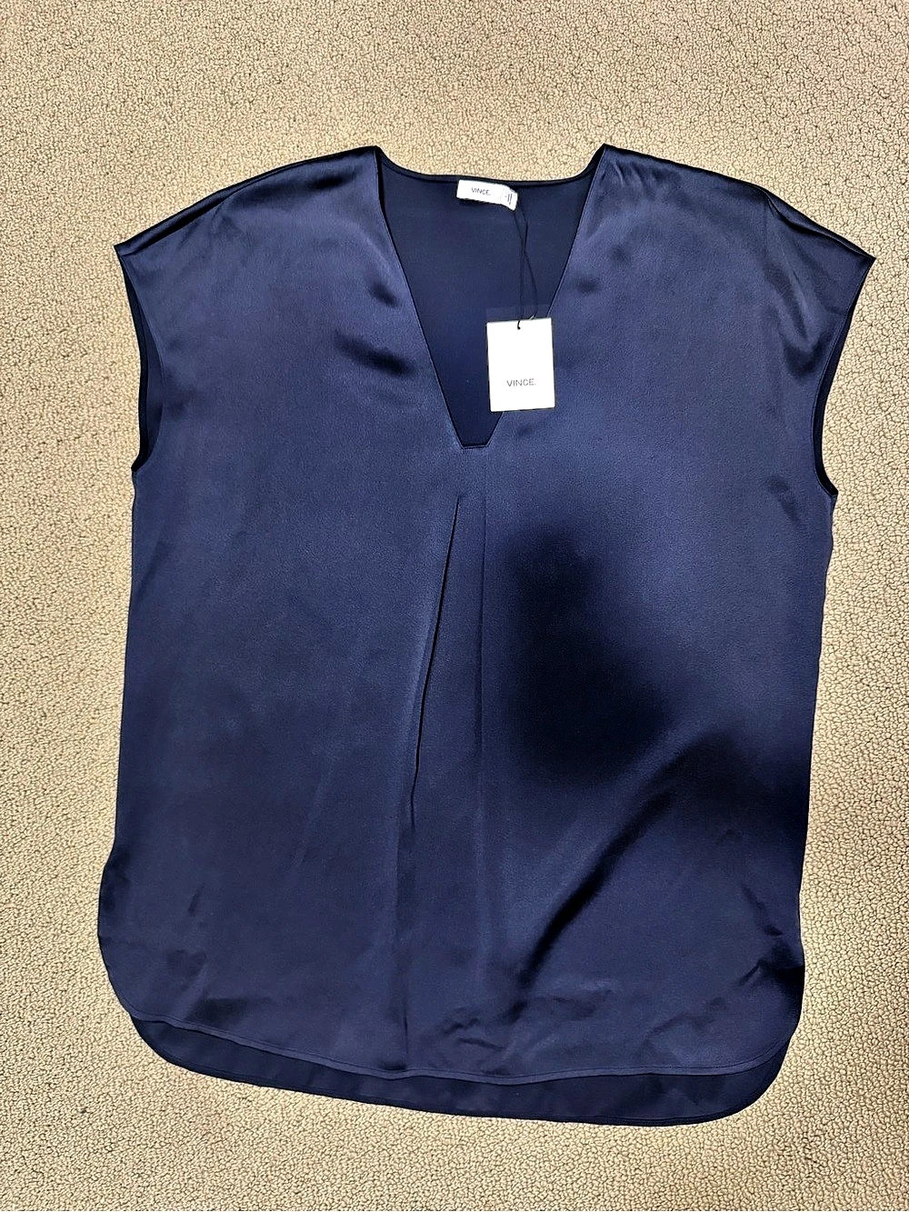 Vince Pleated Neck Silk Top Sleeveless Blouse in Blue Navy